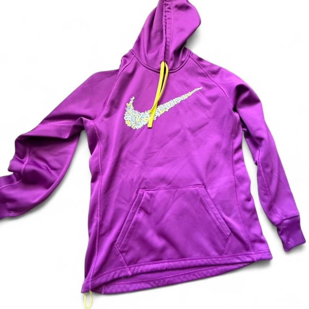 Nike Therma-FIT Womens M Purple Graphic Swoosh Hoodie Neon Yellow Pullover